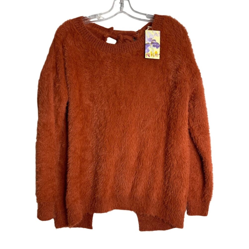 New ee:some Faux Fur Open Back Tie Sweater Orange Womens S Oversized Eyelash